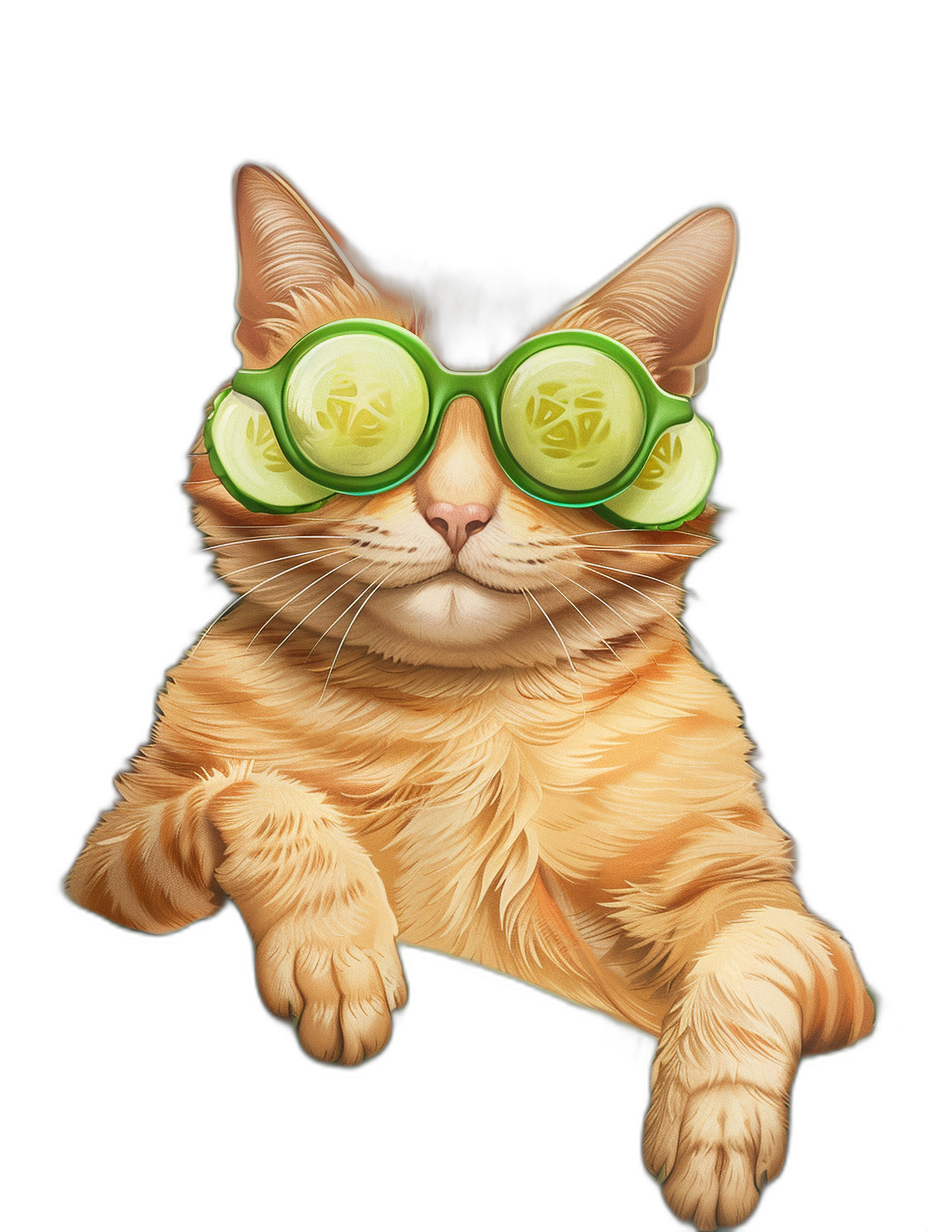 funny ginger cat with cucumber in green glasses, photorealistic illustration on black background