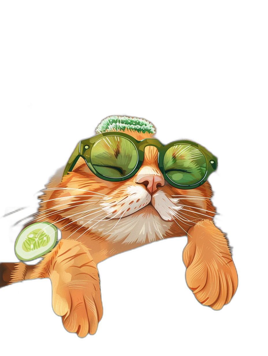 digital art of a cool and fat orange cat, wearing sunglasses with a cucumber on its head, holding a small green cucumber in front of its eye on a black background, minimal style, chill and funny in the style of eye black background.