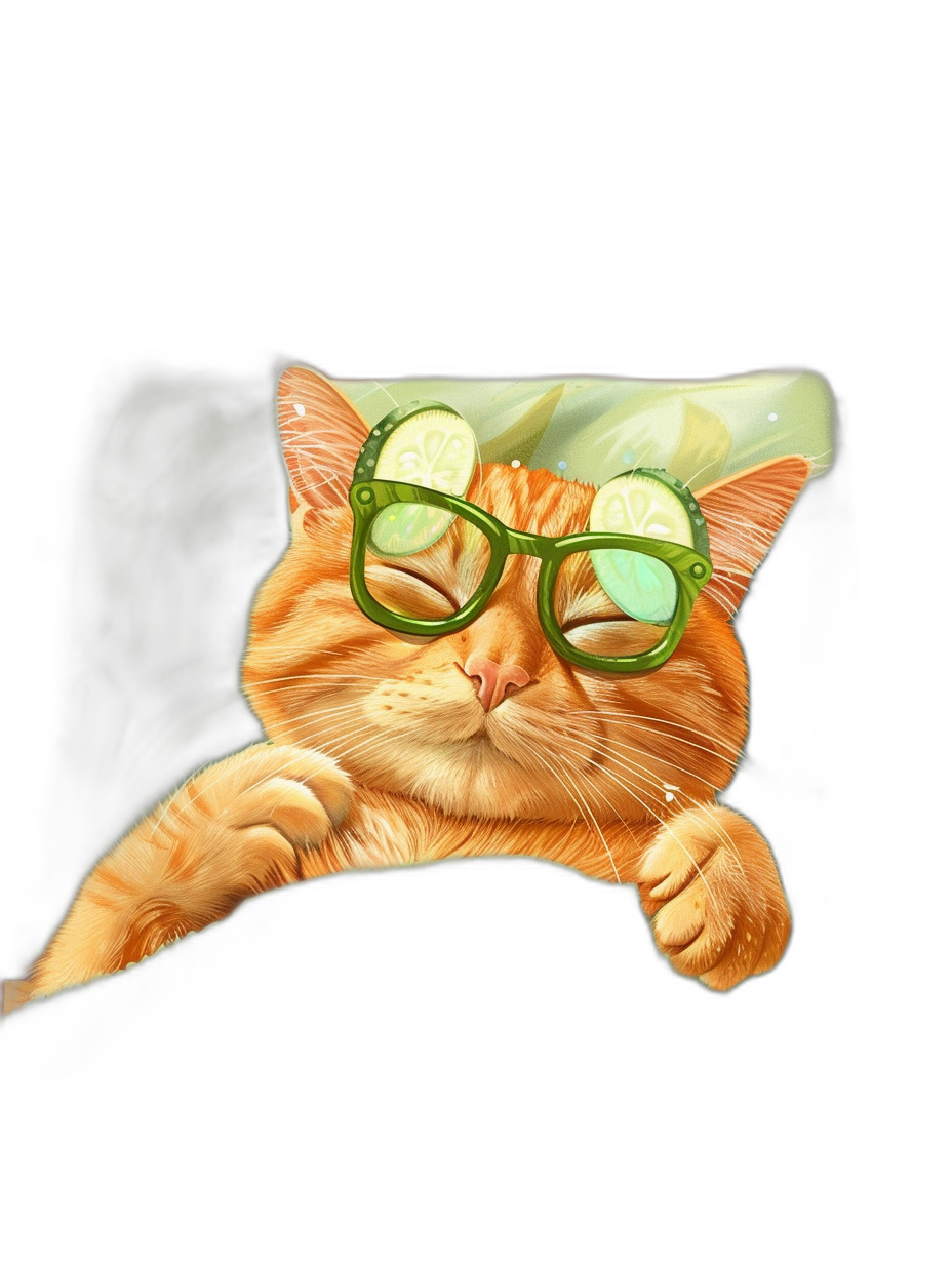 Illustration of an orange cat wearing green glasses and sleeping on a pillow with cucumber slices over his eyes against a black background, in the style of a cute, high resolution illustration.