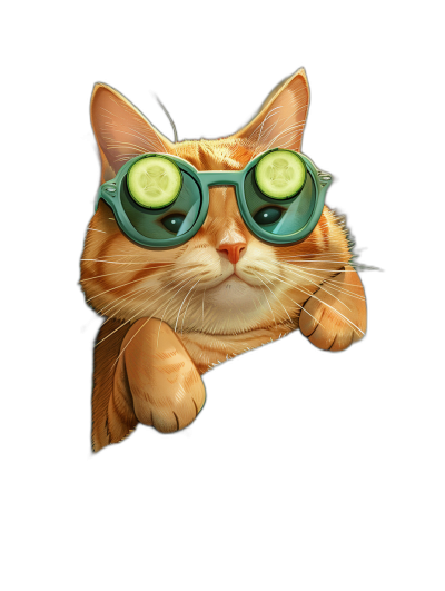 A cute ginger cat with cucumber slices on its eyes, peeking over the edge of an empty black background while wearing blue sunglasses. In the style of a cartoon, with high resolution, detailed and sharp.