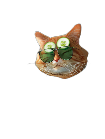 ginger cat with cucumber slices on its eyes, wearing sunglasses, in the style of a sticker, isolated, on a black background