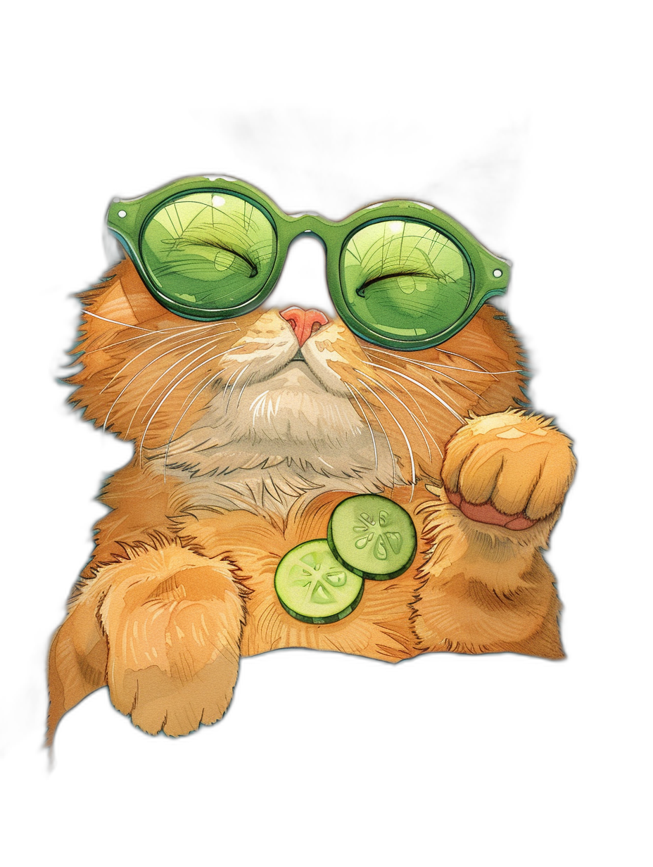 t-shirt design, cute fat orange cat with green sunglasses eating cucumber and relaxing, black background, detailed, in the style of Pixar cartoon