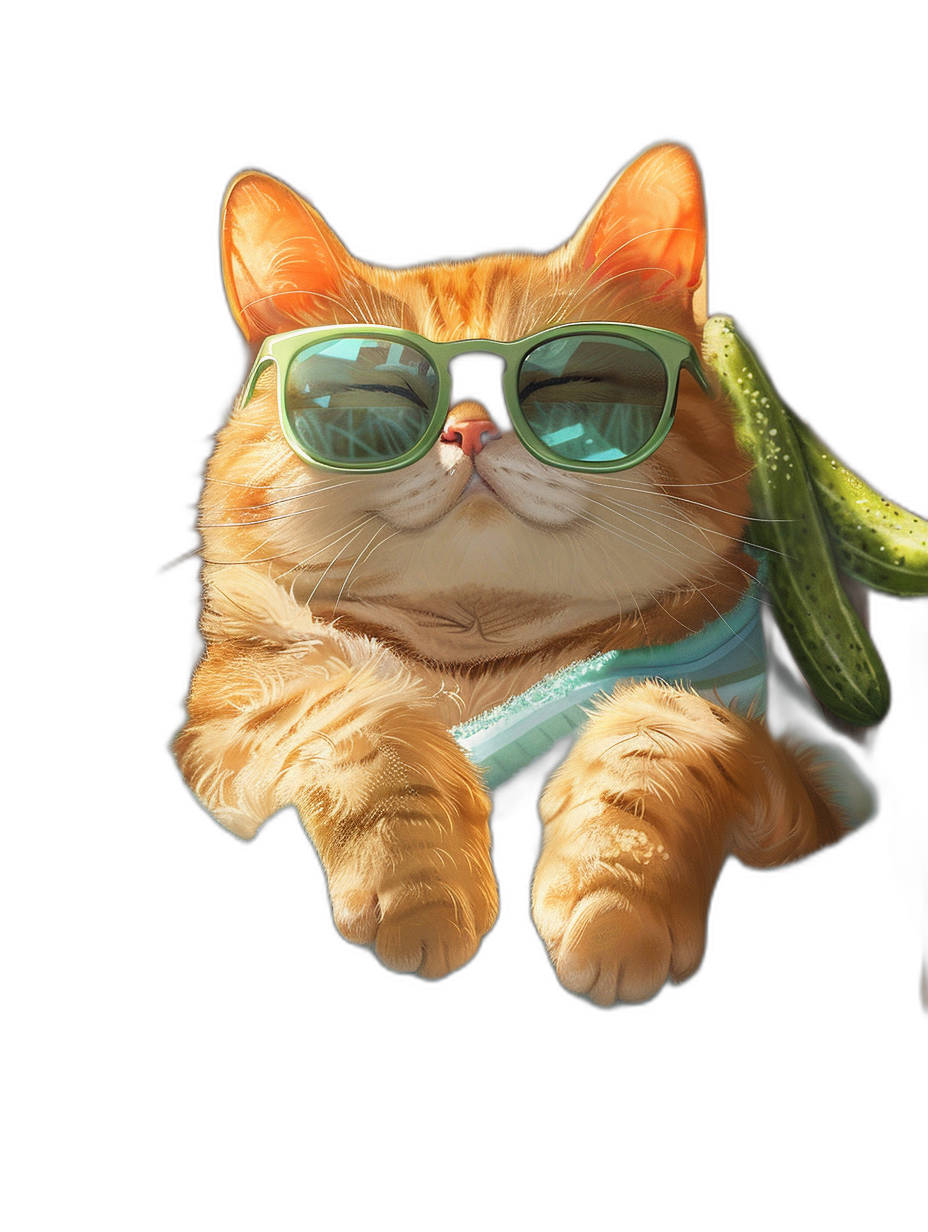 digital art of cute and fat orange cat , wearing sunglasses with green lens, holding one small cucumber in the hand , chilling happy mood black background pastel color tone