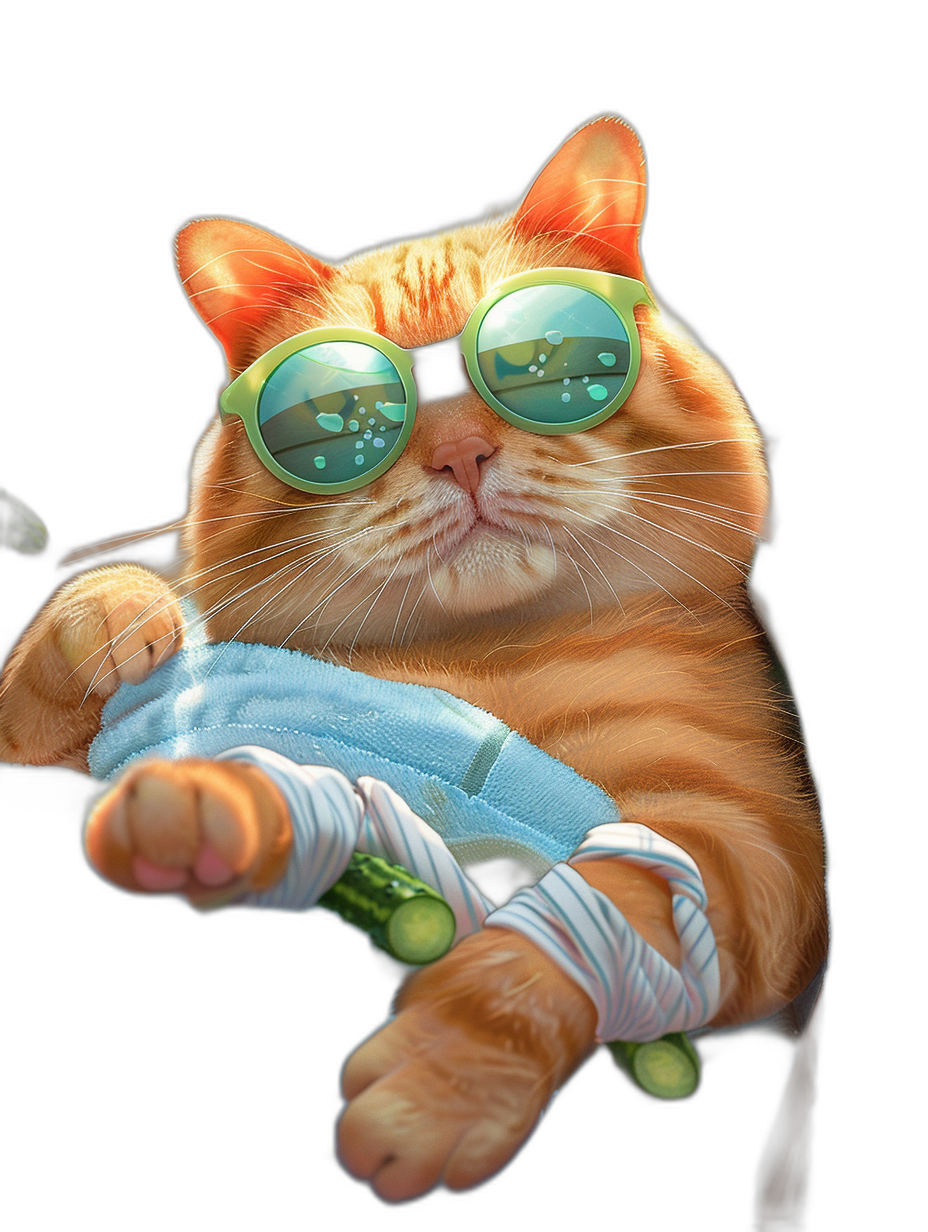 digital art of cute fat orange cat , wear sunglasses with green reflection, wearing blue towel around neck and white bandage on leg , holding cucumber in hand , black background , chill expression , pixar style