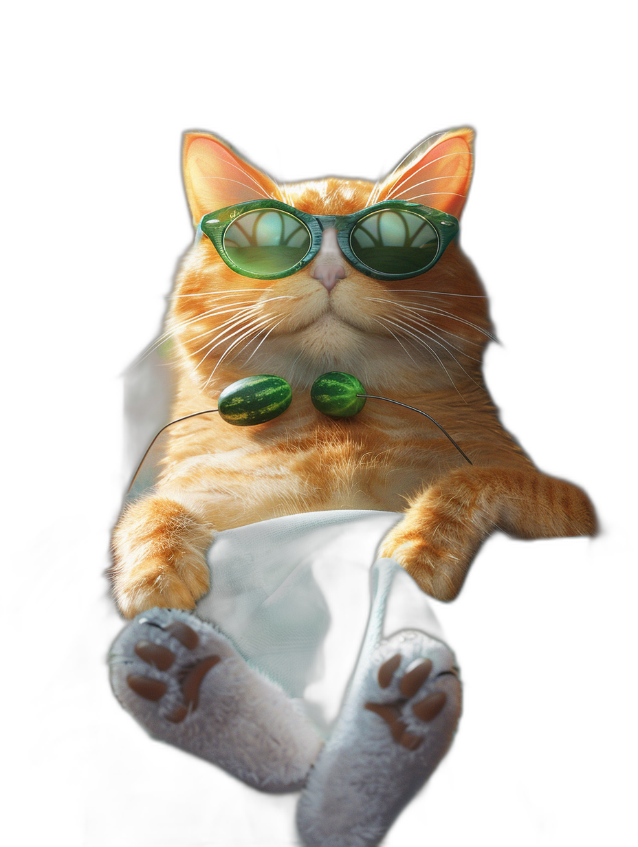 a ginger cat wearing green sunglasses and watermelon on its neck is sitting in the chair with white slippers, black background, hyper realistic photography