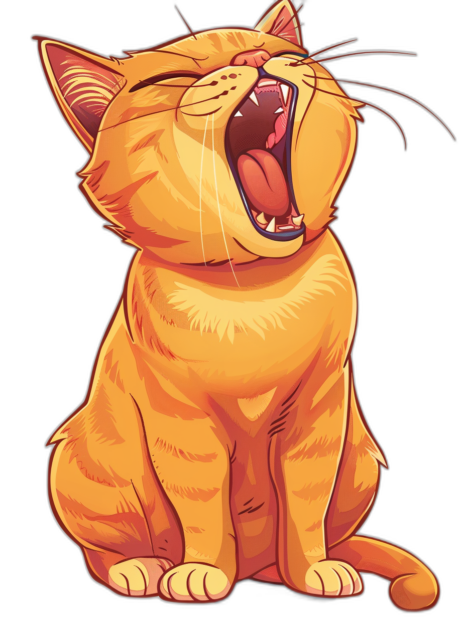 A vector illustration of an orange cat laughing and yawning, full body shot, t-shirt design graphic, ultra detailed, in the style of isolated on black background