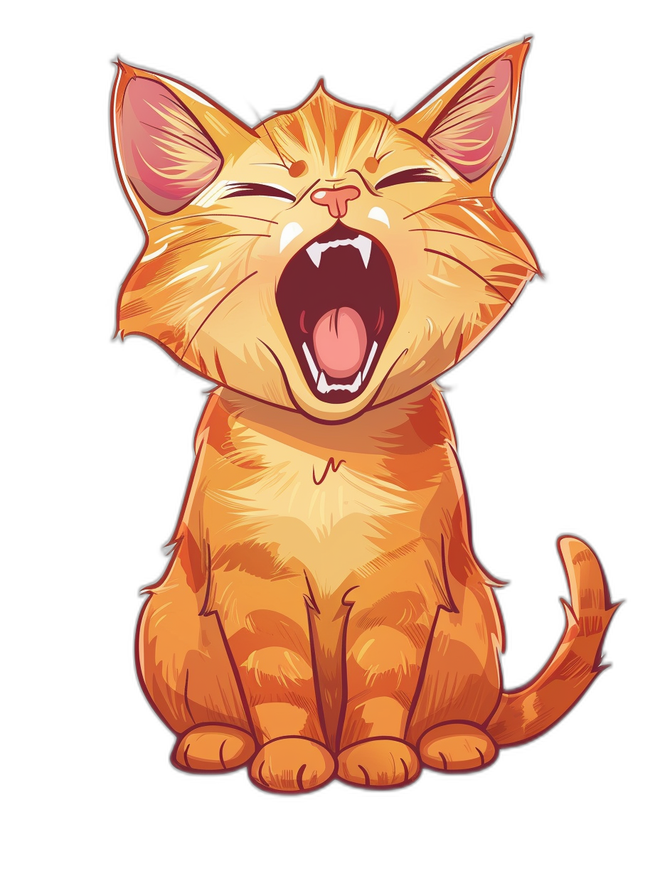 An cartoon illustration of an orange cat laughing, in the vector art style, t-shirt design graphic, with ultra detailed artwork, isolated on a black background