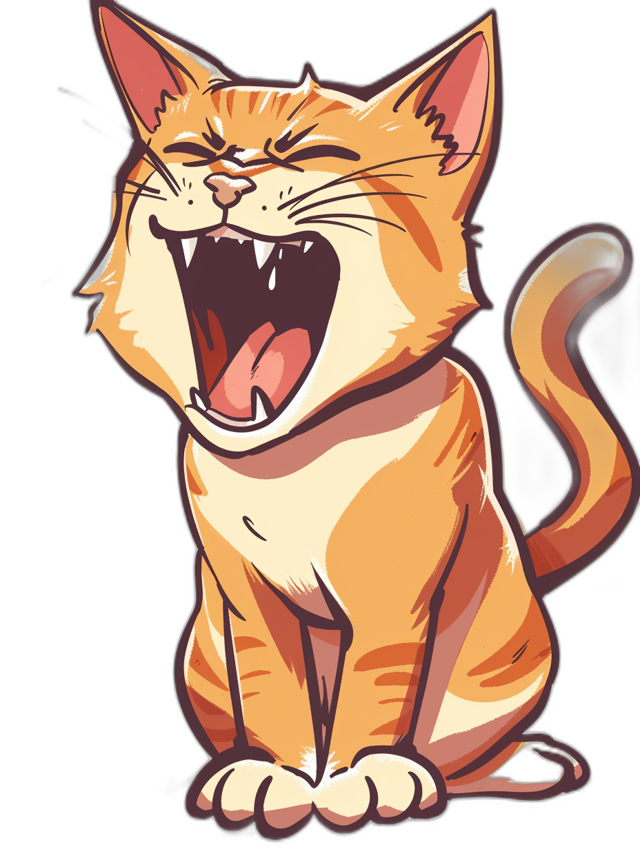 A cartoon illustration of an orange cat laughing with its mouth open, in a sticker style, drawn as a vector contour on a black background, using the colors light brown and dark red.