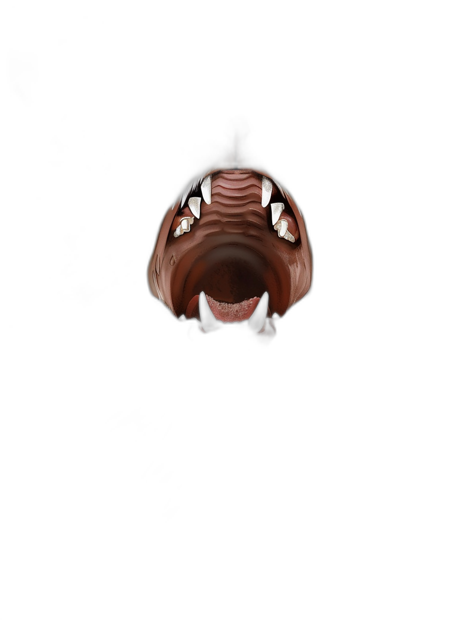 A chocolate monster mouth floating in the air on a black background in the style of a cartoon, 3D rendered in the style of a low angle shot with sharp focus and studio lighting.