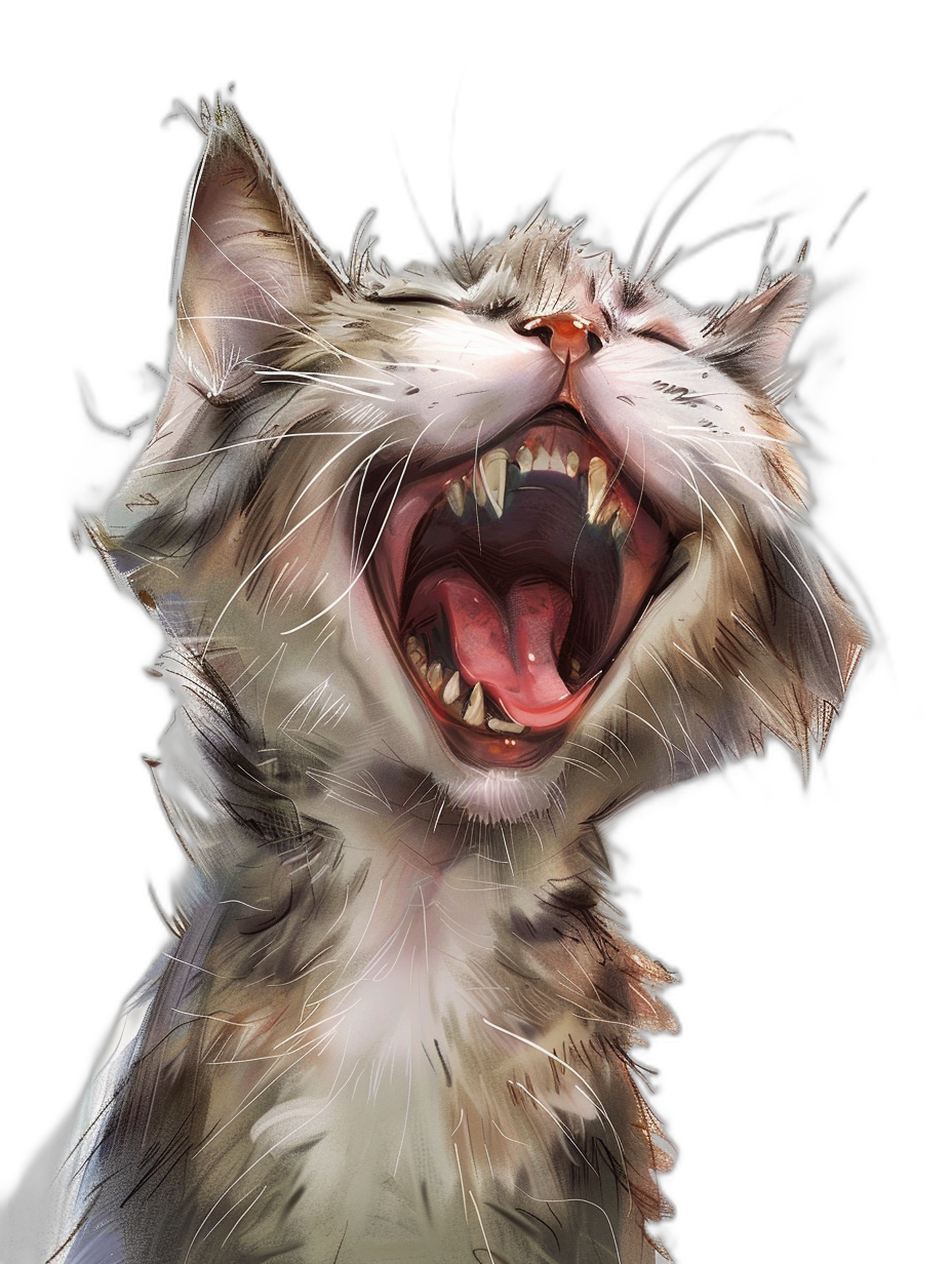 A digital painting of an excited cat laughing and showing its teeth against a black background. A hyper realistic illustration in the style of [Greg Rutkowski](https://goo.gl/search?artist%20Greg%20Rutkowski) with high detail fantasy art style. Digital concept art for artstation.