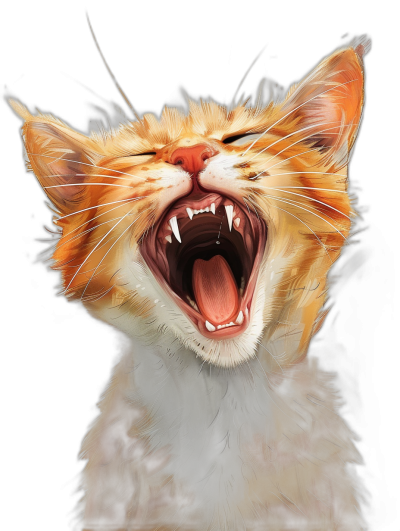 realistic digital illustration of an orange cat laughing, open mouth with teeth showing, pure black background,