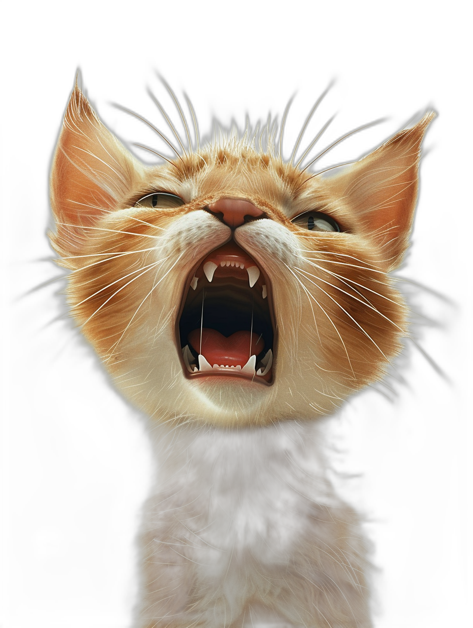 realistic digital illustration of an angry cat meowing, black background, portrait view