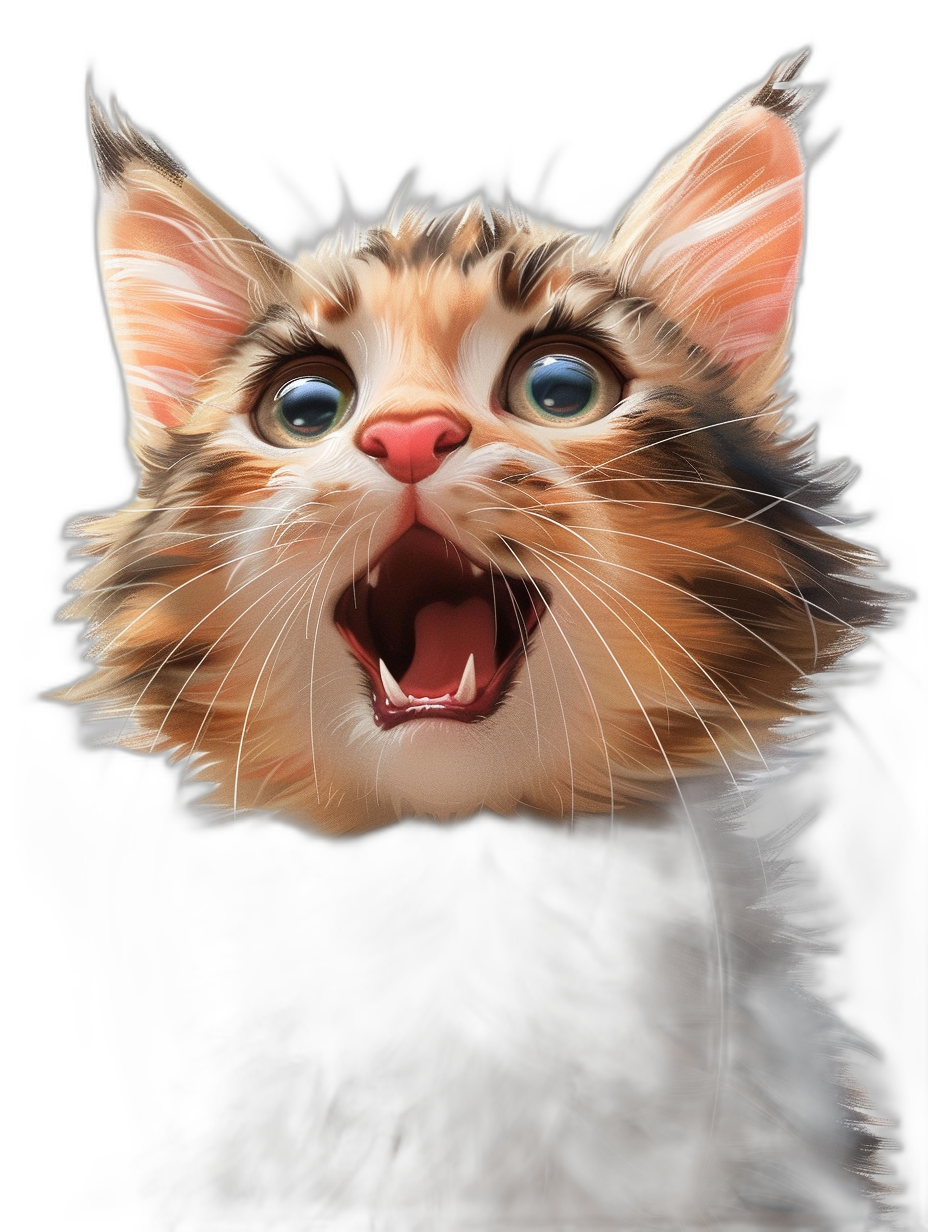 realistic digital illustration of an adorable cat meowing, black background, detailed and sharp focus