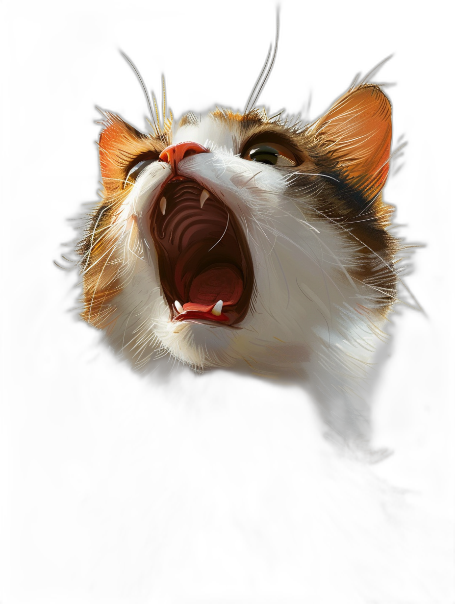 realistic digital illustration of an adorable calico cat howling, mouth open and teeth showing, isolated on black background, in the style of gotfried helnwein, cell shaded, comic style