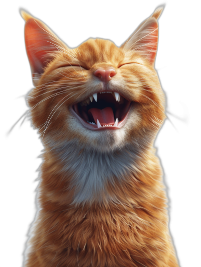 smiling ginger cat with fangs, hyper realistic photo renderings, isolated on black background, studio light, octane render, in the style of 3d style