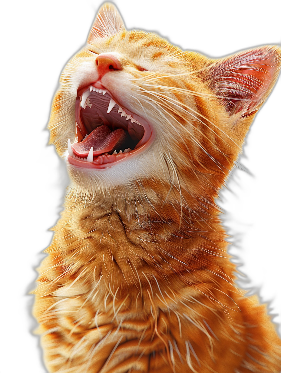 ginger cat laughing with teeth showing, realistic, hyper detailed, octane render, in the style of hyper photorealistic, solid black background