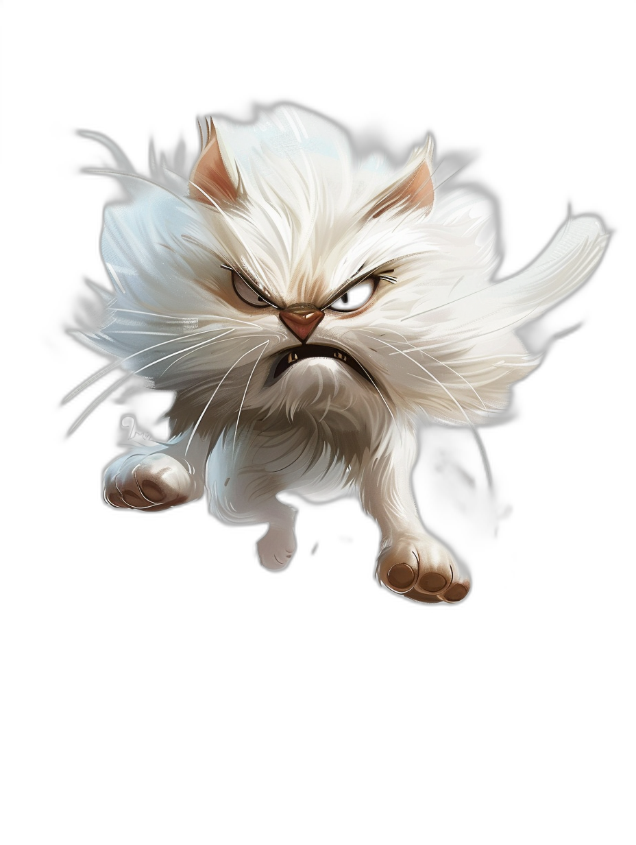 White persian cat, jumping pose with an angry expression, on a black background, in the style of a cartoon, shown in a full body shot, fantasy art style with simple lines, simple details and simple colors, suitable for 2D game design or a game icon, with a 3D model rendering effect to look high resolution and super detailed and clear, looking full of vitality.