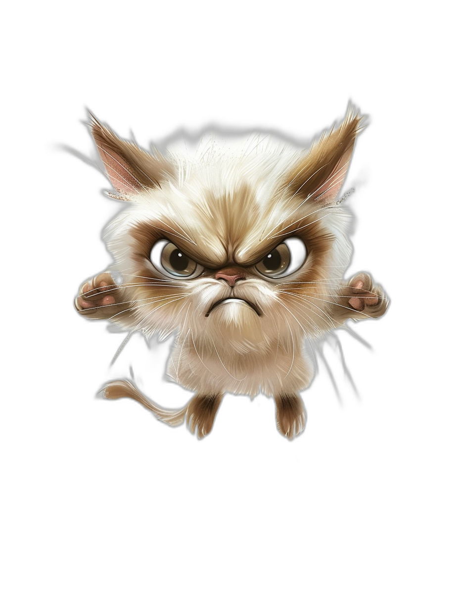 grumpy cat cartoon character in the style of [Tony DiTerlizzi](https://goo.gl/search?artist%20Tony%20DiTerlizzi) jumping towards viewer with a black background, full body, simple design, cute and cuddly look, playful expression, exaggerated features for a funny expression