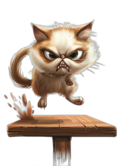 grumpy cat cartoon character jumping off of table, black background, caricature style drawing