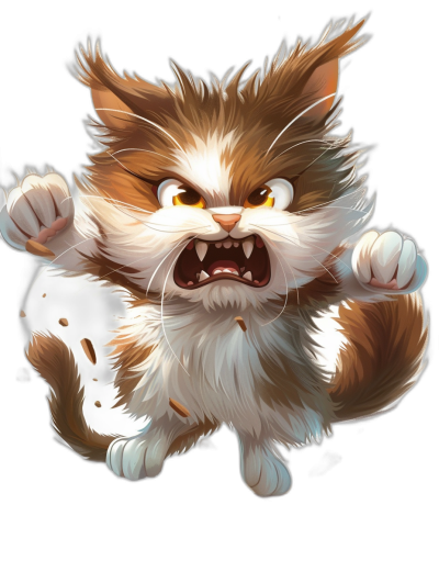 Illustration of a cute fluffy brown and white cat with an angry expression showing its teeth, jumping full body in the air on a black background in the style of a game art style. The cat has a chibi anime character design concept art for a mobile role-playing game. The illustration is highly detailed and high resolution.