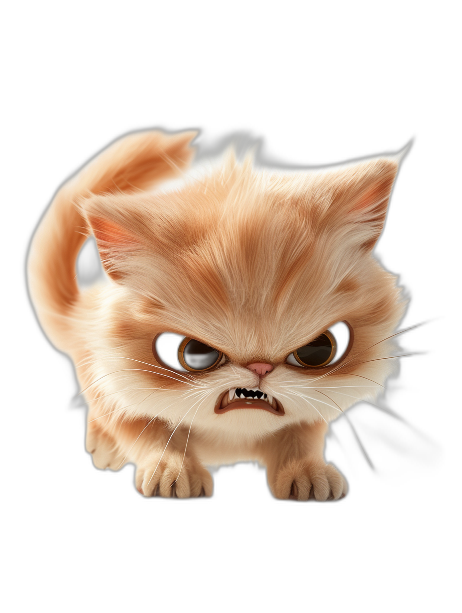 character design of an angry cute cat, cartoon style, digital art in the style of Pixar and Disney, black background, octane render