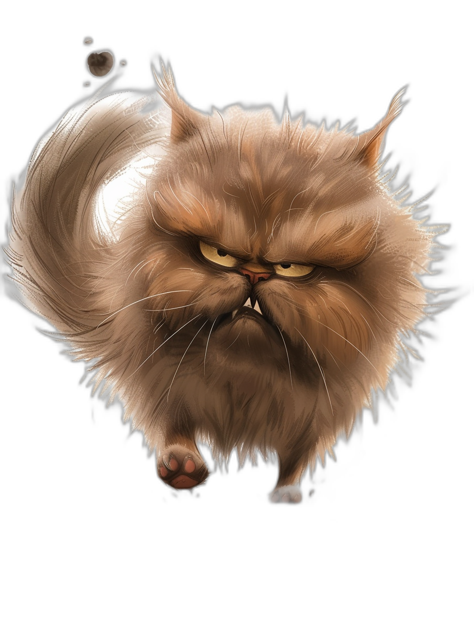 funny illustration, cute angry persian cat , isolated on black background, digital art style