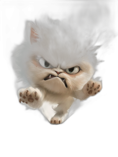 angry, cute persian cat , smoke in the air, jumping towards camera, cartoon style, black background, high contrast, high detailed, digital art