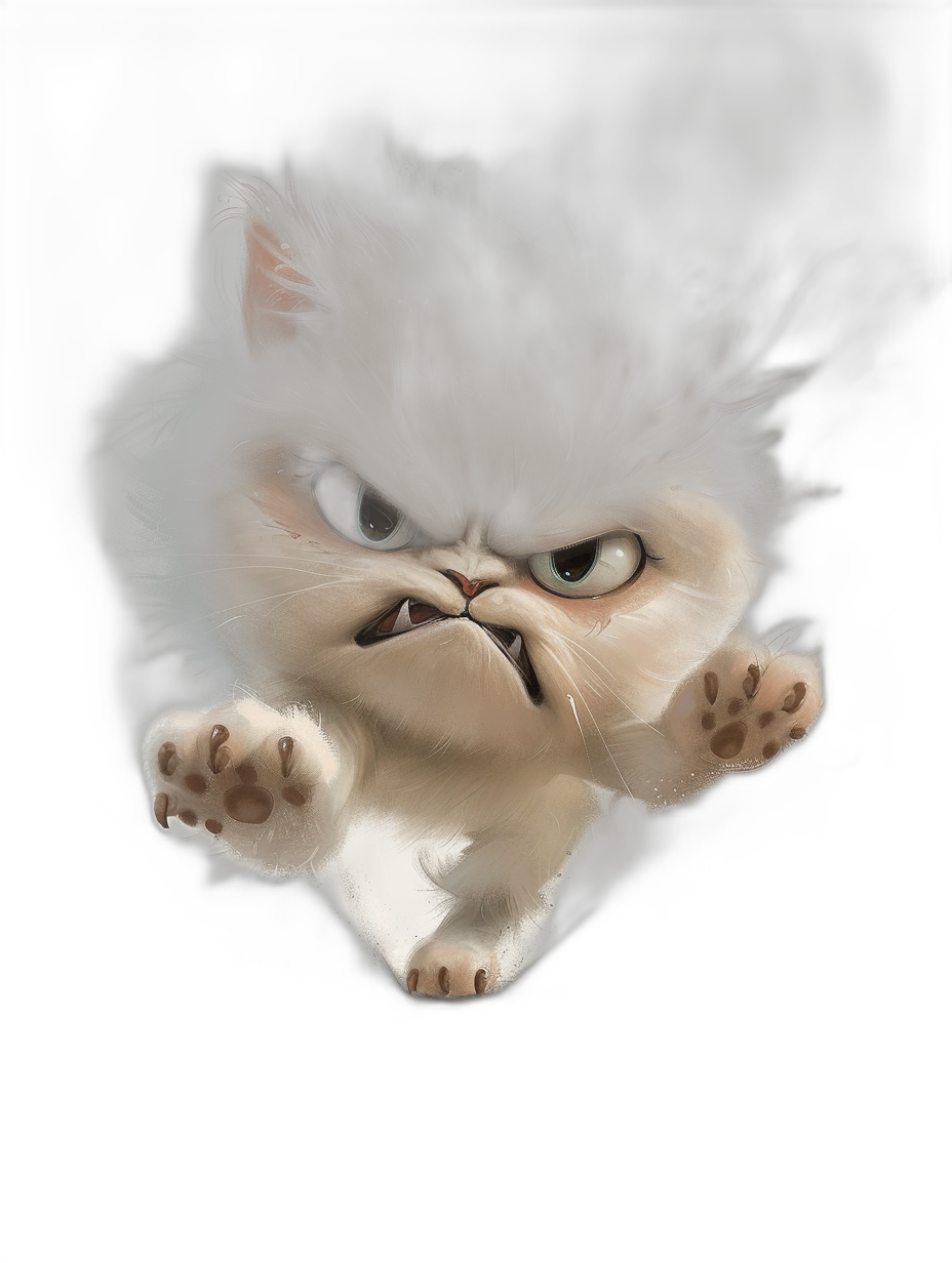 angry, cute persian cat , smoke in the air, jumping towards camera, cartoon style, black background, high contrast, high detailed, digital art