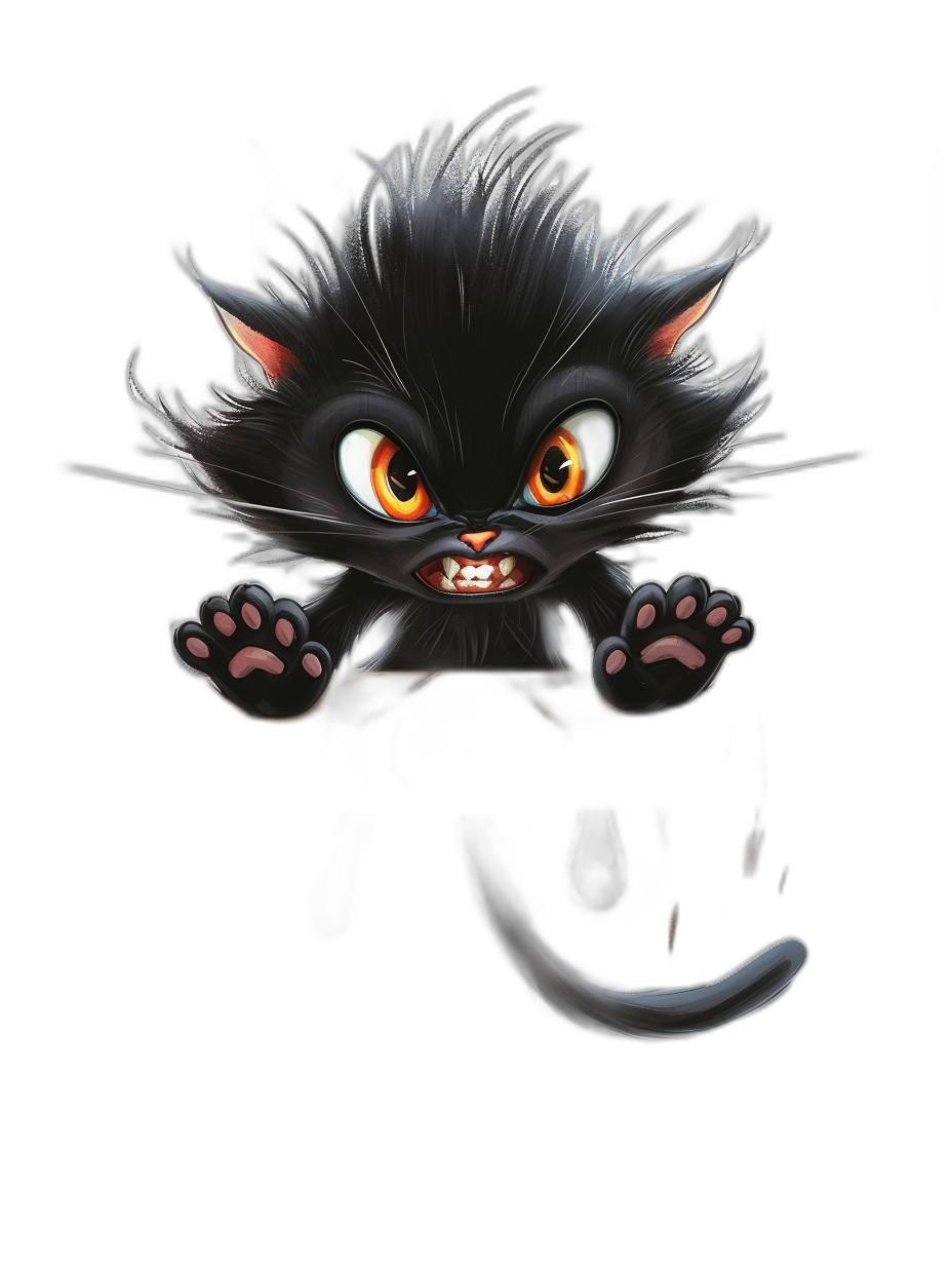 black background, cartoon illustration of an angry black cat p Highly detailed vector art sticker design, cat has orange eyes and white nose , crouching down on the ground with its front legs hanging off the edge ofthe screen, cute and adorable