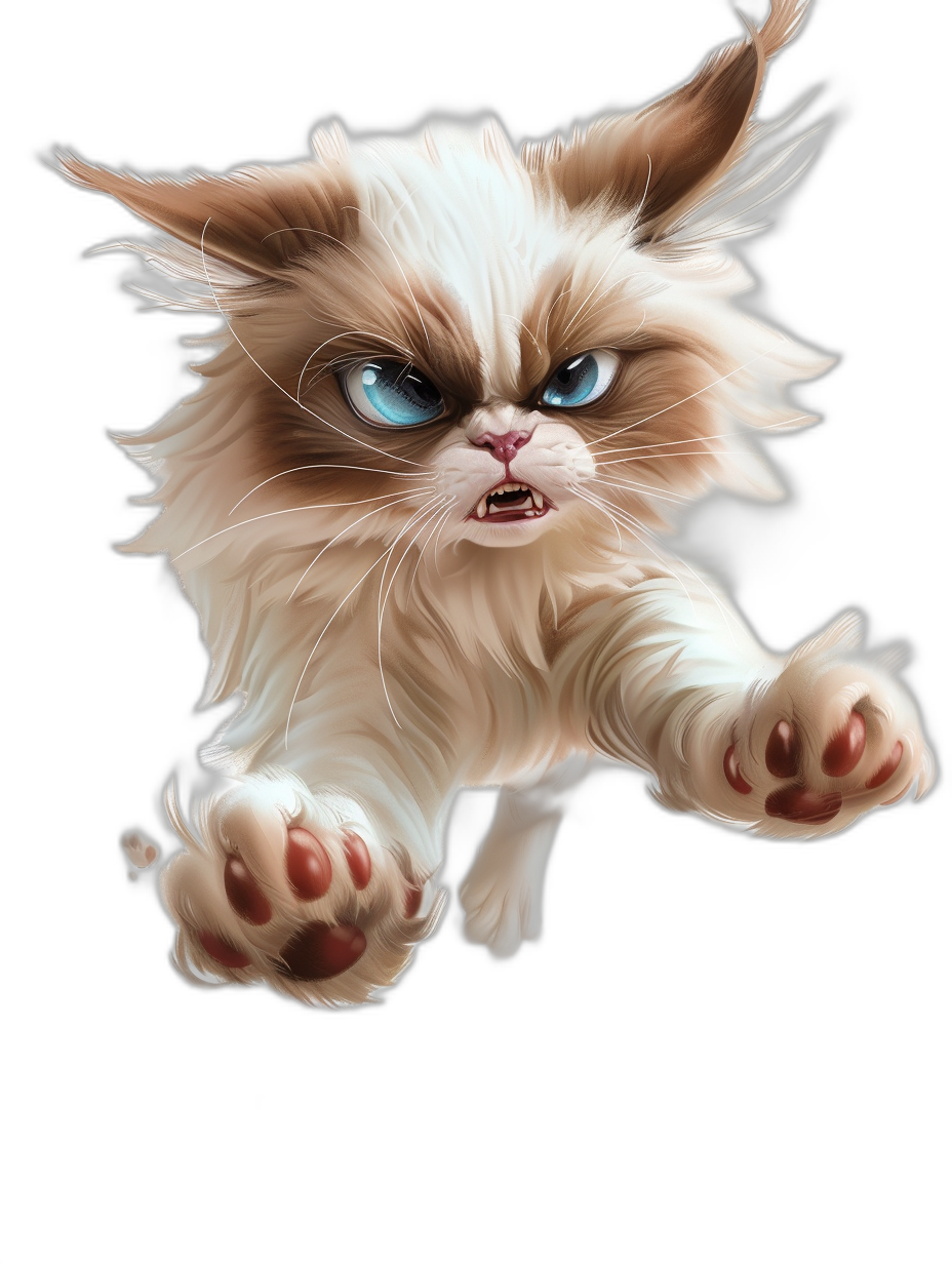 grumpy cat cartoon character jumping in the air, black background, detailed illustration in the style of [Artgerm](https://goo.gl/search?artist%20Artgerm) and [Greg Rutkowski](https://goo.gl/search?artist%20Greg%20Rutkowski) and in the style of [Alphonse Mucha](https://goo.gl/search?artist%20Alphonse%20Mucha), white fur with brown highlights on paws and face, blue eyes, cute, smiling, happy expression