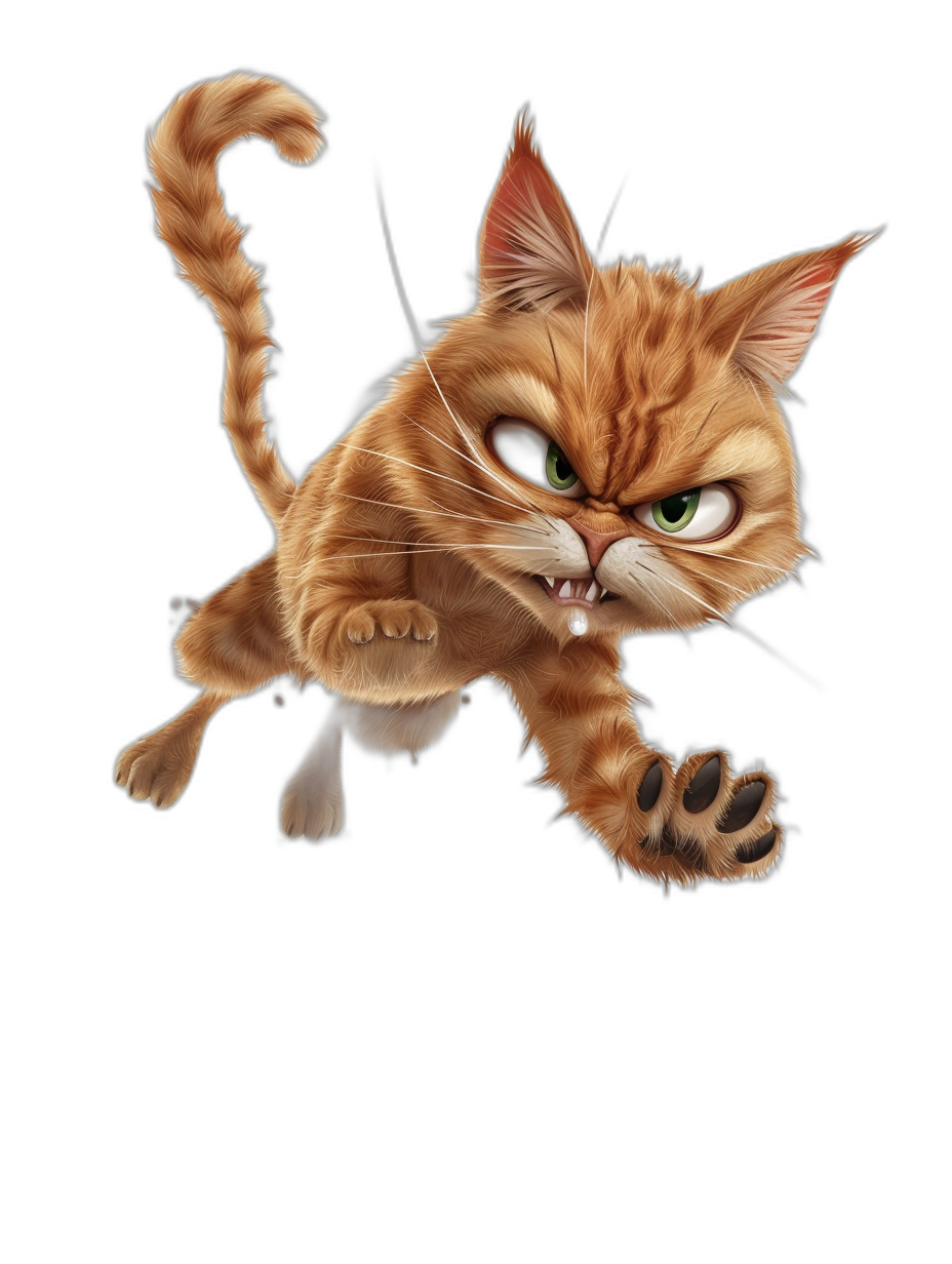 A cartoon cat jumping in the air, with an angry expression on its face, against an isolated black background, in the style of Pixar, of a ginger color.