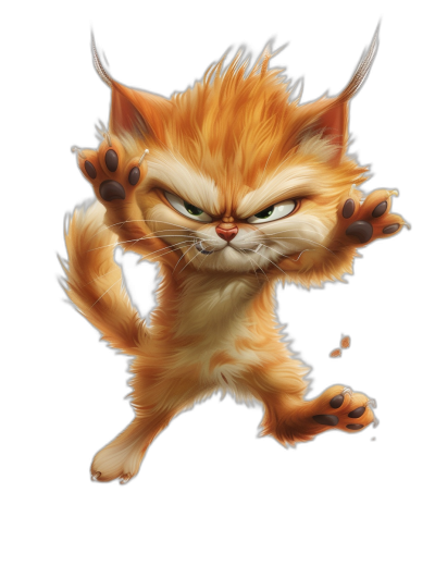 Cartoon, funny cat with horns jumping and fighting pose, in the style of Disney cartoon drawing of the orange fur color in full body with black background, detailed character illustrations, texture-rich canvases, strong lighting contrasts, playful characters in action poses, high resolution, expressive lines, cute expression, happy mood, childlike innocence and charm, in the style of Pixar illustration.