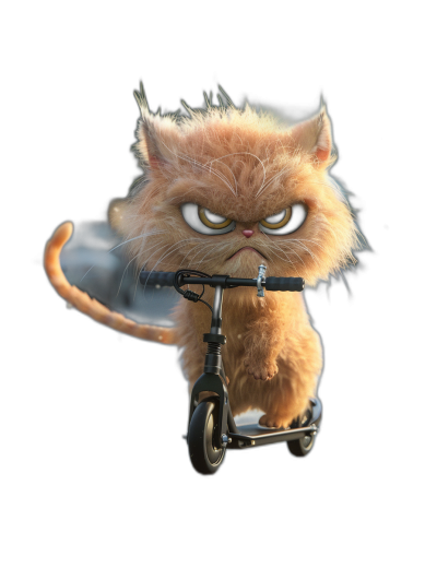 3D render of a cute fluffy cat riding an electric scooter with an angry face on a black background, in the style of Pixar.