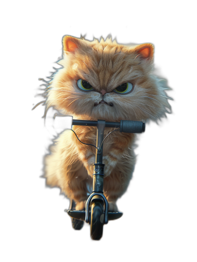 front view of an angry persian cat sitting on the handlebar and seat of a scooter, on a black background, in the style of Pixar, 3D render, octane rendering, high resolution photography, hyper realistic