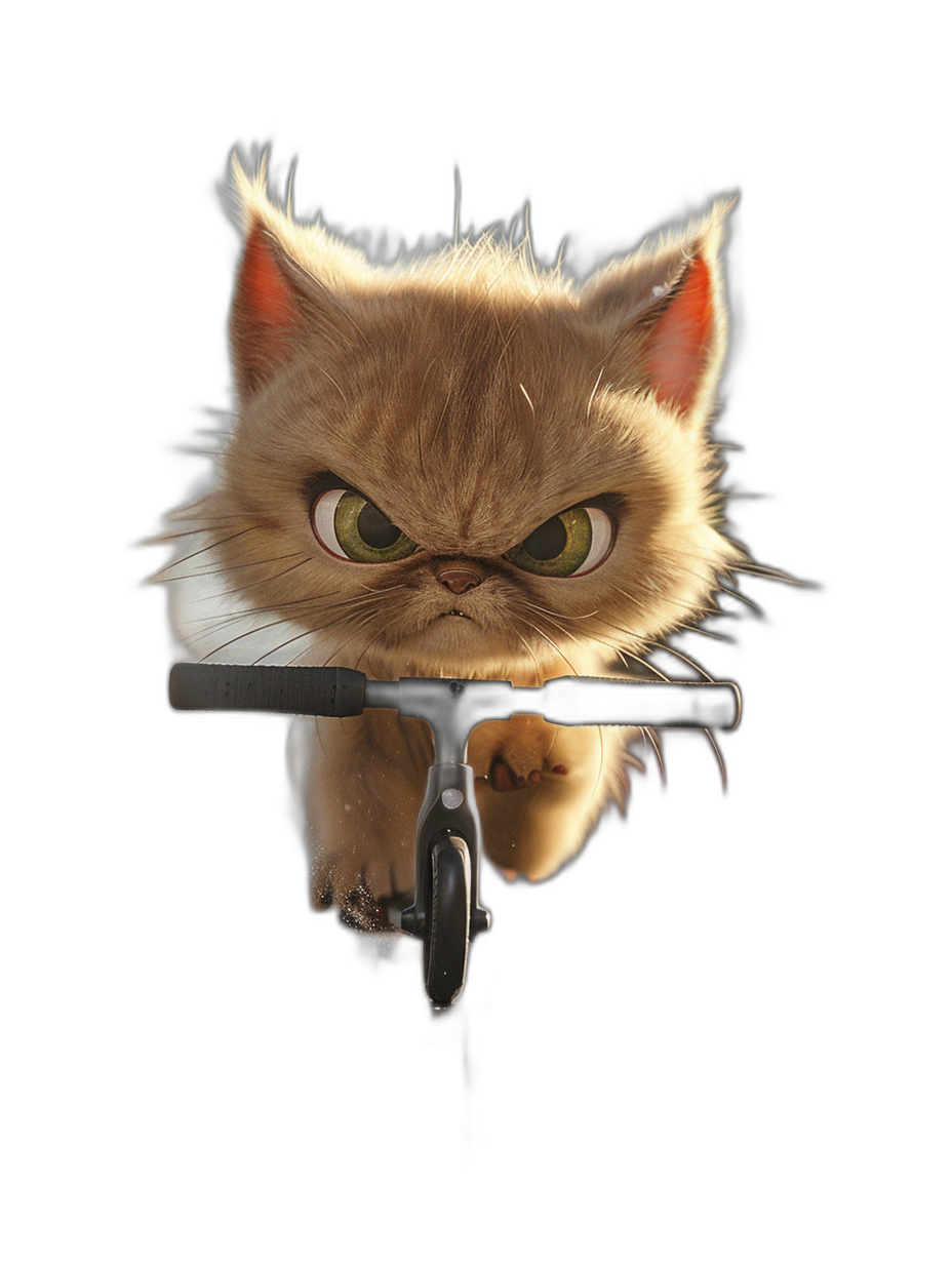 3D render of a cute angry cat riding a scooter against a black background with studio lighting and rim lighting in the style of portrait photography, rendered in Octane with an 85mm lens at f/20 for a hyperrealistic style.