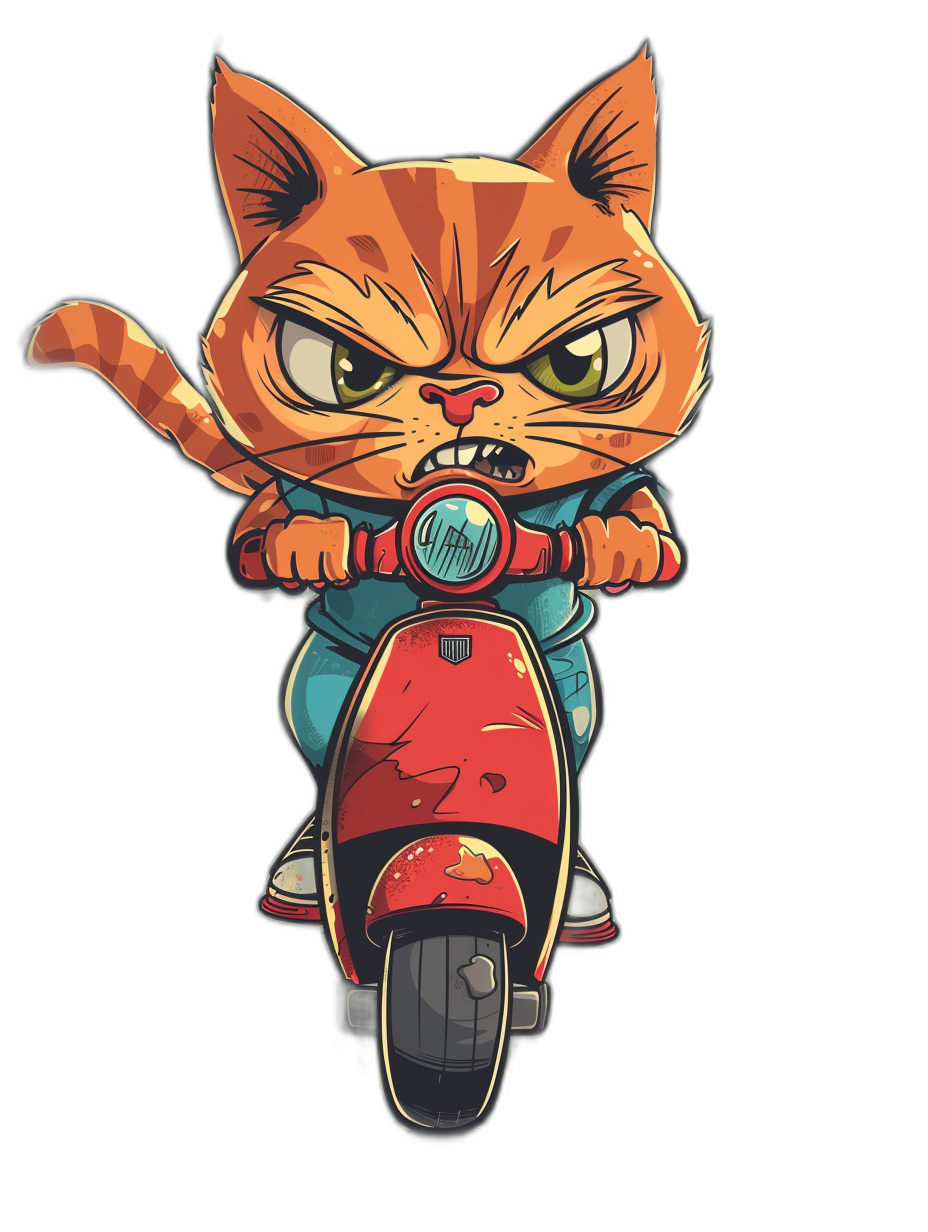 Cute cartoon orange cat riding on a scooter with an angry face on a black background in the style of a sticker.