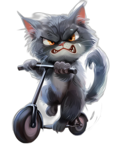 realistic cartoon style illustration of an angry grey cat riding on scooter, full body view with tail visible, black background, fantasy and cute character design, bright colors, high resolution