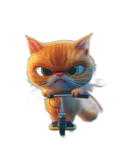 grumpy orange cat with big blue eyes, riding a scooter in the style of Pixar, cartoon character design, black background, hyper realistic cinematic lighting, unreal engine, octane render