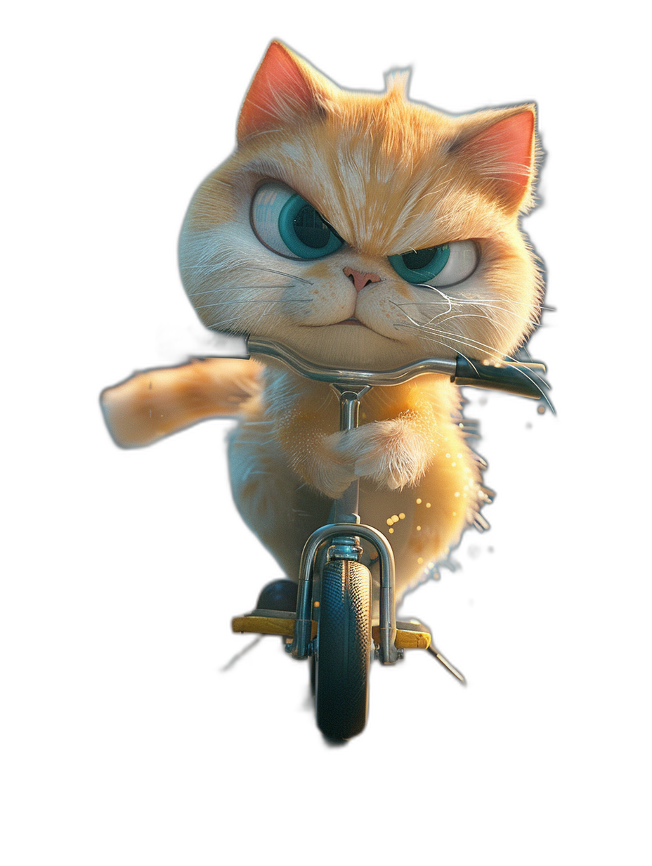 Cute cat riding bike, angry face, cartoon style, 3d render, on black background, front view