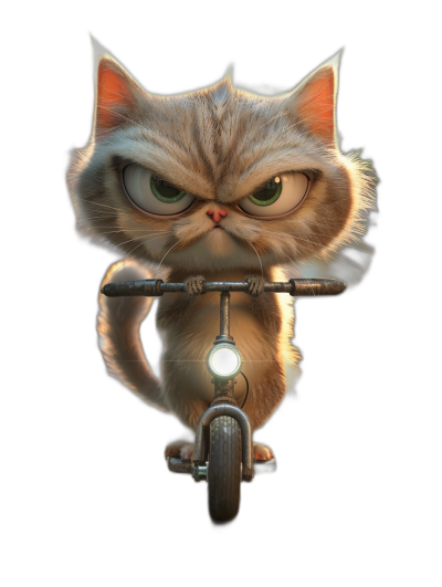 grumpy cat riding scooter, cartoon style, 3D render, on black background, high resolution, high quality, high detail, cinematic lighting, in the style of Pixar