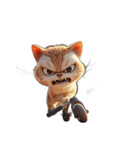 A cute orange cat with sharp teeth and claws, riding on an electric scooter looking angry at the camera, in the style of Pixar, black background, high detail