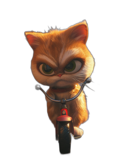 Cute orange cat riding a bike with an angry expression on its face against a black background, in the style of Disney, in the Pixar animation style, character design with a close-up of the character in a three-quarter view, 3D rendered with high resolution, an octane render with high detail and high quality.