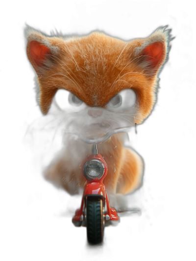 digital art of a cute kitten, wearing an eye mask, riding a motorcycle against a black background, with red fur on its body and head and light orange hair, in a full body shot.