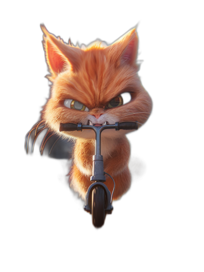 3D render of a cute ginger cat riding a scooter with angry eyes on a black background, in the style of Pixar.