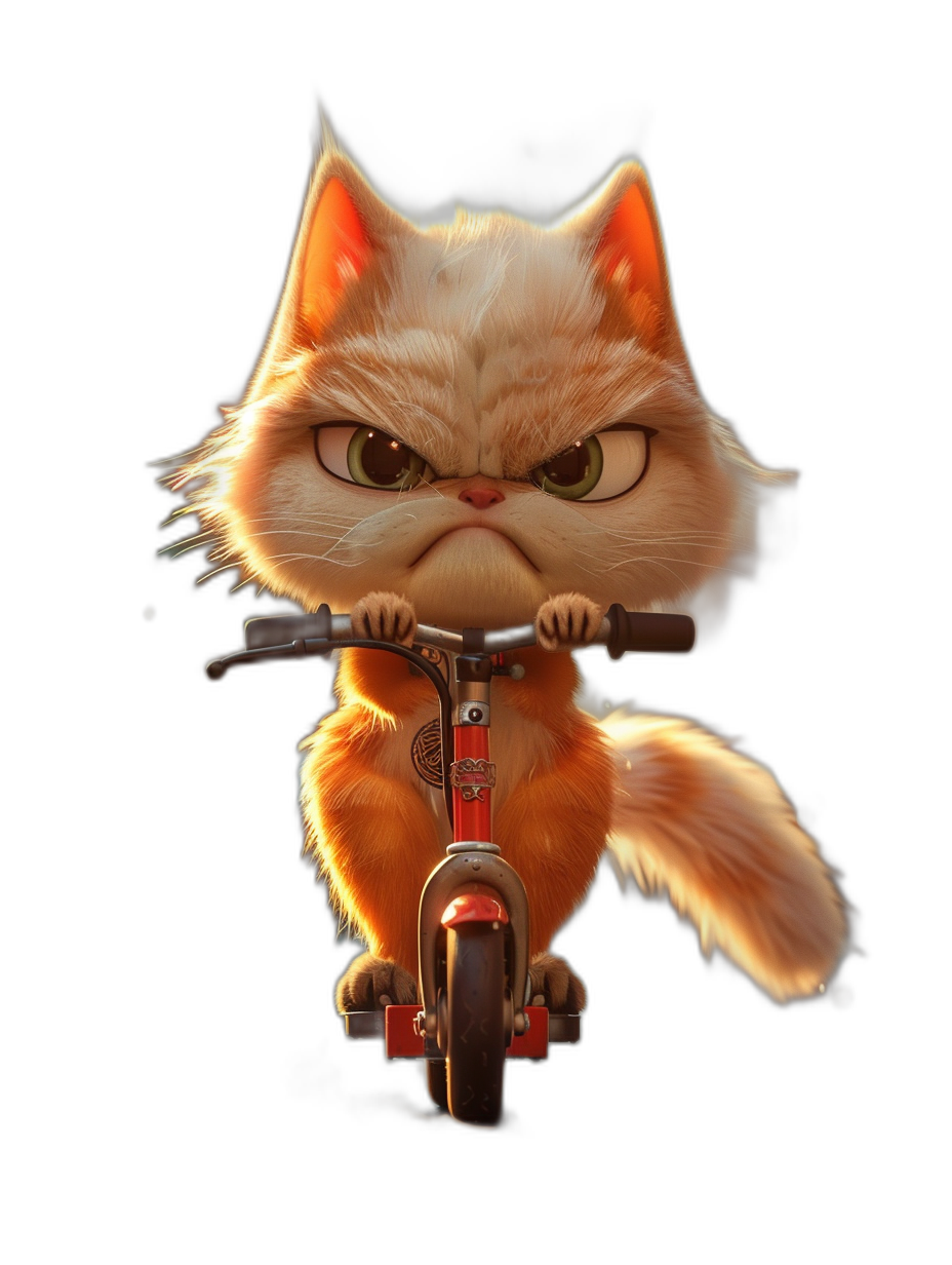 grumpy orange cat on scooter in the style of Pixar, cartoon character, black background, high resolution