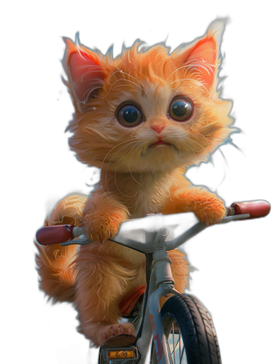 Cute orange kitten riding on the handlebar of a bicycle, in the style of Pixar, with a black background, in a cartoon style, with cute big eyes, fluffy fur, soft lighting, in a close-up shot, with high resolution, high detail, with a super realistic style, with hyper-detailed style, with a photorealistic style, with studio lighting, with a cinematic style.