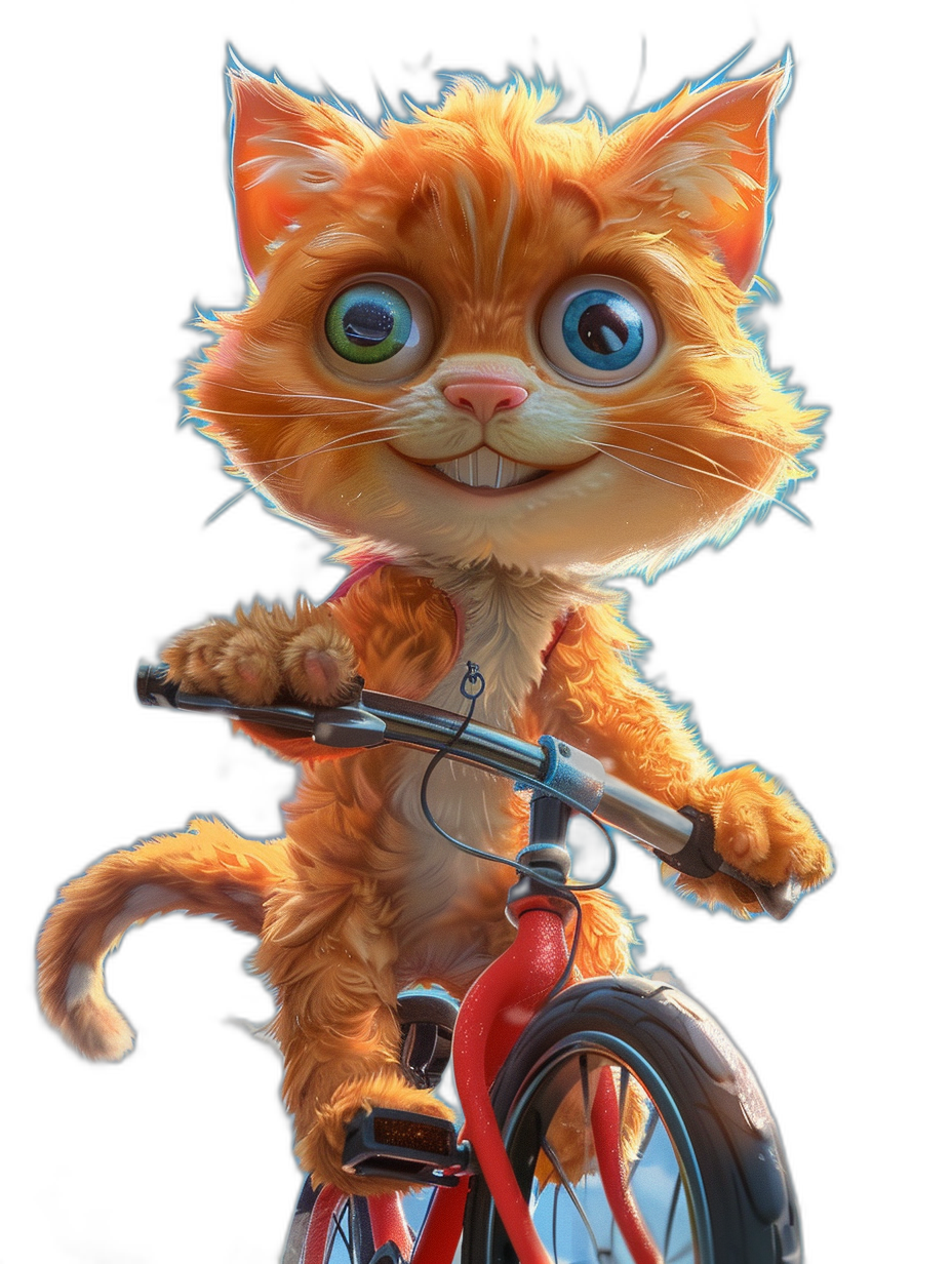 A cute orange cat with blue eyes riding on the front of a red bike against a black background, in the style of Pixar. The cartoon character has a big head and small body with a big smile. It has bright fur color and big sparkling green eyes. The image uses vibrant colors and the cat has fluffy hair in an adorable pose. The image is high resolution and high quality, with a hyper realistic style.