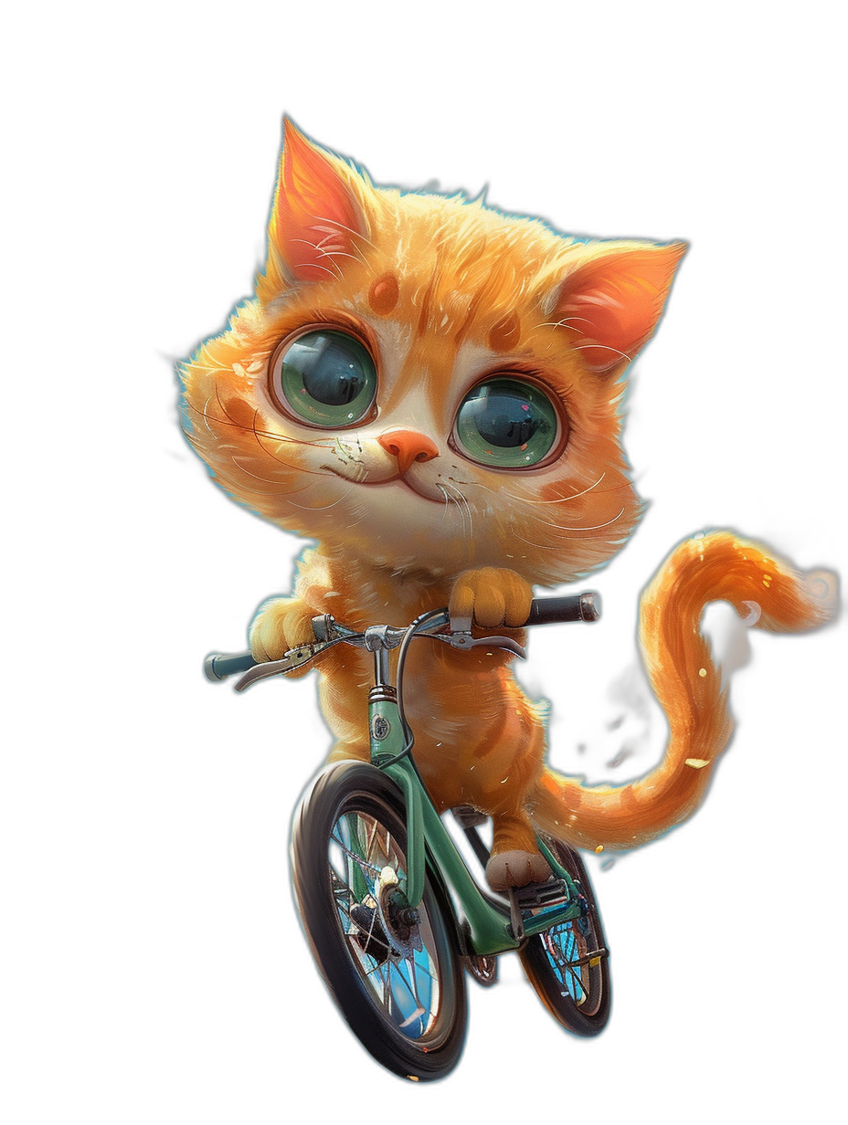 Cute orange cat with green eyes smiling and riding on a bike against a black background in the style of Disney and Pixar animation. The 3D rendering is a high detail, high resolution, high quality digital art with a cute, colorful cartoon character design and vibrant colors. The cat is in an adorable, cute pose with details like its little tail.