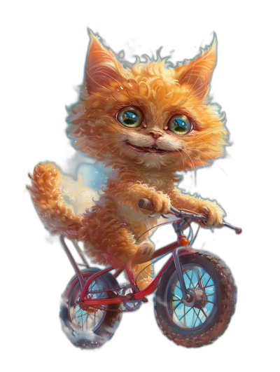 A cute red cat riding on a bicycle, smiling face, big eyes, fluffy tail, character design, digital art in the style of [Artgerm](https://goo.gl/search?artist%20Artgerm), full body shot, black background, concept art in Pixar's style