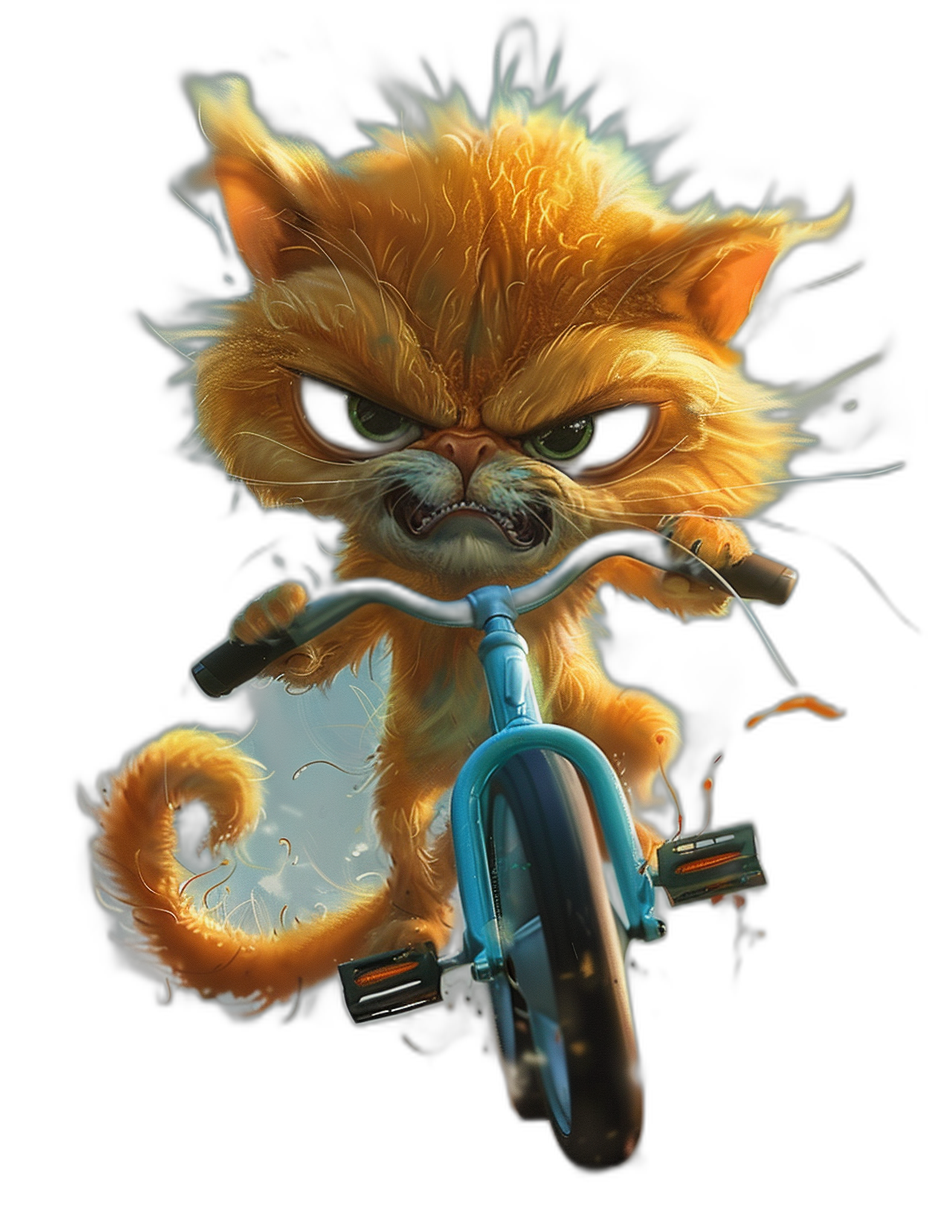 angry, cute cat on blue bike in the style of [Tiago Hoisel](https://goo.gl/search?artist%20Tiago%20Hoisel), caricature-like, playful caricatures, black background, high resolution digital art with cartoonish elements and strong lines; the main character is an angry orange fluffy kitten riding his bicycle in the style of a whimsical children’s book illustrator, full body portrait, cute character design, children’s storybook illustration, playful use of line